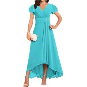 WSEYU Korte Mouw Moeder Van De Bruid Bruidegom Jurken Chiffon Kralen Formele Avond Grootmoeder Jurken Thee Lengte ZM203, Turkoois, 56 NL/Plus