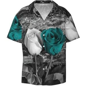 OdDdot Groenblauwe grijze Rose Print Heren Overhemden Atletische Slim Fit Korte Mouw Casual Business Button Down Shirt, Zwart, XXL