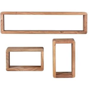 FineBuy Wandplank Set van 3 Acacia Massief Hout | Muurplank Kubus Hangende Plank | Plank voor de Wand Zwevend