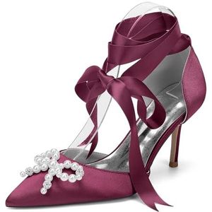 KYEGLO Satijnen Sandalen Met Gesloten Teen En Parelstrik, Damesschoenen Met Spitse Neus En Hoge Hakken, Ideaal Voor Bruiloften, Schoolfeesten En Bruiloftsfeesten,Burgundy,36