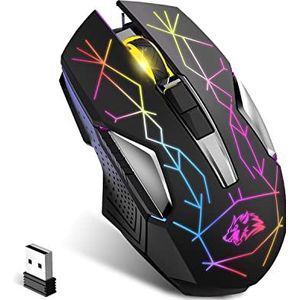 KUIYN X18 Draadloze gamingmuis, 2,4 G, oplaadbaar, 600 mAh, ultra lange levensduur, 7 RGB-kleuren, 2400 dpi, zuinig, stille klik, USB-ontvanger voor pc/Mac/PS4/Xbox (sterrenzwart)