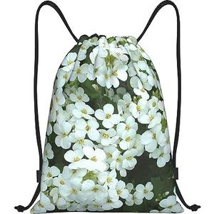 BTCOWZRV Trekkoord Rugzak witte bloemen Print Waterdichte String Bag Verstelbare Gym Sport Sackpack, Zwart, Medium