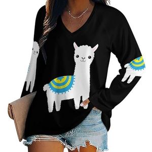 Leuke dieren alpaca lama dames lange mouw V-hals T-shirts herfst tops pullover tuniek T-shirt voor leggings