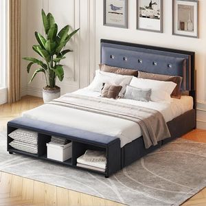 Aunvla Gestoffeerd bed, 140 x 200 cm, tweepersoonsbed, 2-kleurig design, in hoogte verstelbaar hoofdeinde, voetensteun met uitneembare opslag, jeugdbed met lattenbodem, fluwelen stof grijs