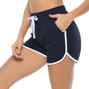 Aseniza Dames hardloopshorts zachte sport joggen activewear katoen lounge workout gym yoga gestript hoge taille met zakken, A-donkerblauw, L