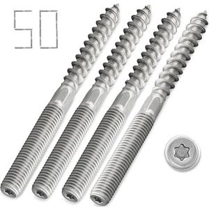 Globstar Stokschroeven, 50 stuks, M6 x 60, houtschroeven, torx-schroefstiften, schroefdraadpennen, dubbele schroefdraadschroeven voor hout