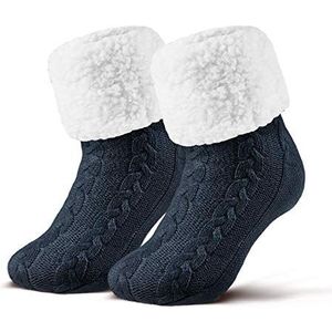Piarini 1 paar knuffelsokken met ABS-zool, warme damessokken, wintersokken met antislip noppen, dikke huissokken, Donkerblauw, Eén maat