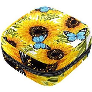 Maandverband Opbergtas, Vrouwelijke Product Pouches Draagbare Periode Kit Tas voor Meisjes Vrouwen Dames Zonnebloem en Vlinder, Meerkleurig, 4.7x6.6x6.6 in/12x17x17 cm