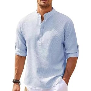 Linen Shirts Men Men'S Long-Sleeved Shirts Spring Autumn Solid Color Stand-Up Collar Casual Plus Size S-5Xl-Blue-L