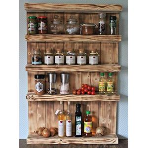 Houten kruidenrek - voor wand of staand - kleur: gevlamd - 5 legplanken - 90 x 60 x 12 cm - massief hout