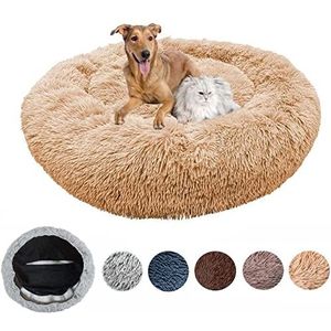 Zacht anti-stress hondenbed, wasbaar en afneembaar, rond kussen van zacht pluche, comfortabele manden en meubels voor honden en katten (XS - 50 cm, beige)
