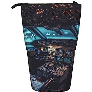 Vliegtuig Cockpit Potlood Case Telescopische Make-up Tas Pop Up Office Organizer Box Staande Pen Houder Cosmetica Tas Met Ritssluiting, Zwart, Eén maat