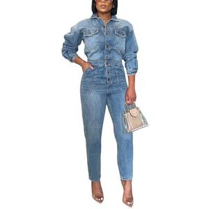Dames Lentemode Denim Jumpsuits Revers Lange Mouw Knoopsluiting Rompertjes Slim Fit Lange Broek Jeans Playsuits (Color : Blue, Size : XXL)