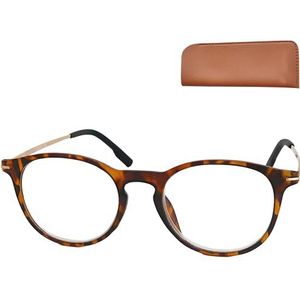 Nerd Leesbril met Grote Ronde Lenzen, GRATIS Etui, Plastic Montuur met Metalen Brillenpootjes (Schildpad Bruin), Leeshulp Vrouwen en Mannen +1.5 Dioptrie