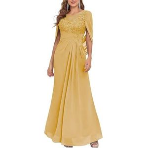 YIANN Lange jurk voor dames met kanten applicatie cape chiffon formele avondjurk, Goud, 56 NL/Plus