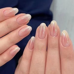False Nails Pink Almond Press on Nails French Natural Stick on Nails Short Fake Nails 24pcs for Women and Girls