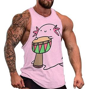 Axolotl Playing The Djembe Tanktop voor heren, grafische mouwloze bodybuilding-T-shirts, casual strandshirt, grappig sportshirt, spiersport