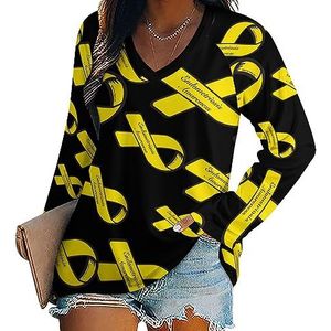Geel lint Endometriose Awareness Casual T-shirts met lange mouwen voor dames V-hals bedrukte grafische blouses Tee Tops XL