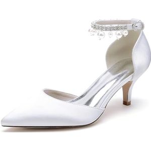 Womens Parel Enkelband Pompen Mid Kitten Hak Satijnen Bruidsschoenen Puntige Neus Partij Trouwjurk Schoenen,Wit,36 EU