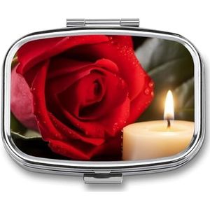 Rode roos met Candlev Pillendoos voor Pocket Vierkante Pillendoos 2 Compartiment Decoratieve Draagbare Reizen Pil Houder Tablet Vitamine Organizer Mini Pillendoosje