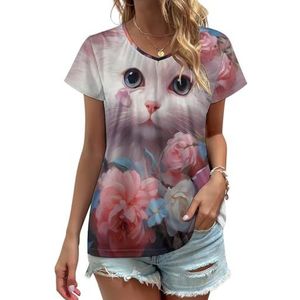Dieren Kitten Kat Bloemen Dames V-hals T-shirts Leuke Grafische Korte Mouw Casual Tee Tops L