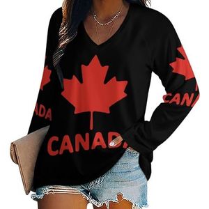 Canada Vlag Esdoorn Dames Lange Mouw V-hals T-shirts Herfst Tops Trui Tuniek Tee voor Leggings