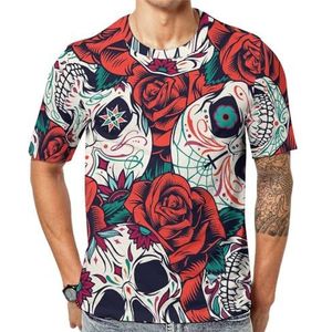 Sugar Skulls Red Roses grafisch T-shirt met korte mouwen voor heren ronde hals print casual T-shirt S
