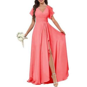 Chiffon galajurken met spleetplooien, bruidsmeisjesjurken voor bruiloft, cocktailjurk, grote maten, Koraal, 36