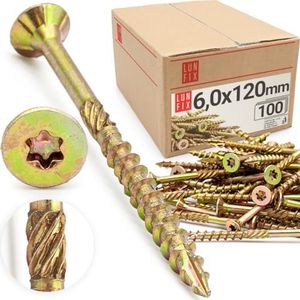 Lun Fix Spaanplaatschroeven 6,0 x 120 mm, 100 stuks, TX30 (I-ster) - verzonken kop/freesribben, geel verzinkt, torx-schroeven, houtschroeven, universele schroeven, verzonken kopschroeven
