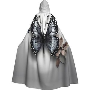 Grijze Teal Bloem Vlinder Print Mannen Hooded Mantel, Volwassen Cosplay Mantel Kostuum, Cape Halloween Aankleden, Hooded Uniform