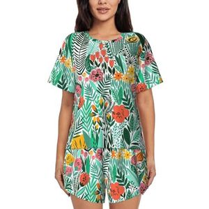 Tropische bloemenprint dames zomer zachte tweedelige bijpassende outfits korte mouw pyjama lounge pyjama sets, Zwart, 3XL