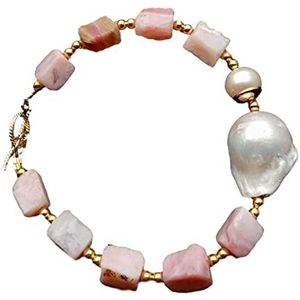 Armbanden Natuurlijke roze opaal Nugget ruwe witte Keshi parel goudkleurige kralen armband 8"" Toggle gesp (Color : White_8 inches)