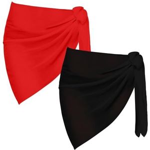 2 Stuks Sarong Coverups Voor Vrouwen Badpak Wrap Badpak Rok Bikini Badmode Chiffon Cover Up Strand Accessoires, A - Zwart+Rood, one size