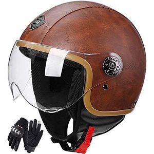 3/4 Motorhelm PU Lederen Helm Unisex-Volwassen Open Helm Retro Vintage Stijl Motor Half Helm ECE Goedgekeurde Biker Scooter Toerhelm Voor Heren En Dames, Bruin A,L=58-60CM