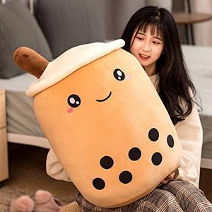 Aosong Plush Toy Boba Pluche Doll Bubble Tea Fles Omarmingskussen, cartoon cilindrisch lichaamskussen in de vorm van een mok, superzacht omarmingskussen voor kinderen en volwassenen (bruin 01, 50 cm)