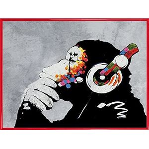 1art1 Street Art Kunstdruk Reproductie en Kunststof Lijst - Banksy, Monkey with Headphones, Feel The Beat (80 x 60cm)
