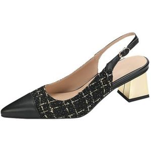 FamMe Vrouwen Patchwork Pumps Spitse Gesloten Teen Chunky Blok Lage Hakken Slingback Kantoor Werk Kerk Casual Jurk Schoenen, Zwart, 38 EU