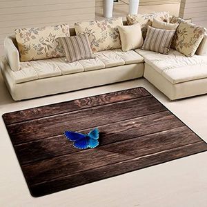 Gebied Vloerkleed 100 x 150 cm, blauwe vlinder op houten vloermatten, waterabsorberend flanellen mat, groot vloerkleed, voor picknick, kinderkamer