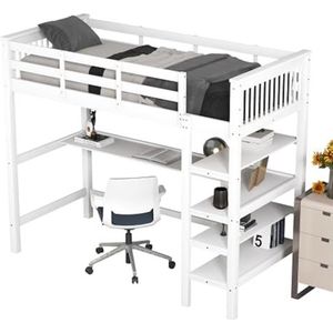 LUNEX HOME Hoogslaper 90/140x200 cm met planken en bureau, valbescherming, grijs/wit (wit, 90 x 200 cm)