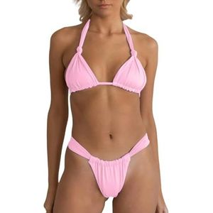 SuChengSS Women'S Bikinis Bikini Women Two Piece Swimsuit Tie Knot Halter Bra Thong Swimwear Micro Triangle Bikinis Sets Bathing Suit-pink-s