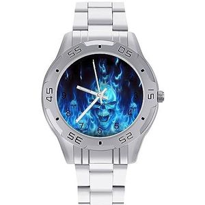 Blue Flame Skull Heren Polshorloge Mode Sport Horloge Zakelijke Horloges met Roestvrij Stalen Armband, Stijl, regular