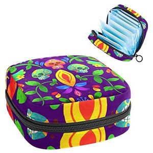 Periode Pouch Draagbare Tampon Opbergtas,Tampon Houder voor Portemonnee Vrouwelijke Product Organizer,Kleurrijke Schedel, Meerkleurig, 4.7x6.6x6.6 in/12x17x17 cm