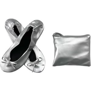 Opvouwbare draagbare ballerina's voor dames, zachte zool, oprolbare pantoffels, instappers, comfortabele platte schoenen voor reizen, bruiloft met tas, opvouwbare platte schoenen voor dames, Zilver,