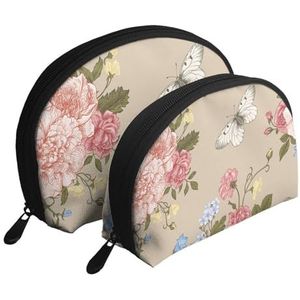 Make-uptas, cosmetische reistas, 2 stuks, draagbare clutch pouch-set, buidelorganisator, bloemenpatroon, met boeket-van-kleurrijke bloemen, zoals afgebeeld, Eén maat