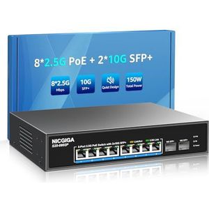 8-poorts 2.5G PoE-switch Onbeheerd met 8-poorts 2.5Gb Base-T PoE+@130W + 2 x 10G SFP+ Uplink, NICGIGA 10-poorts 2.5Gbe IEEE802.3af/at Power Over Ethernet-switch, ondersteunt WiFi6 AP, NAS, 4K