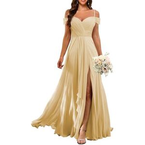 KURFACE Dames koude schouder chiffon bruidsmeisjes jurken met split geplooide formele avondjurk Maid of Honor, Champagne, 32