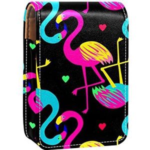 Flamingo Zwart Hart Draagbare Lipstick Case voor Reizen,Mini Lipstick Opbergdoos met Spiegel voor Vrouwen Dames, Lederen Cosmetische Pouch, Meerkleurig, 9.5x2x7 cm/3.7x0.8x2.7 in