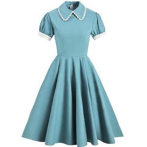 Pegsmio Effen blauwe vintage swing jurk met zak vrouwen zomer retro rockabilly feestjurk gewaad, Blauw-en8, M