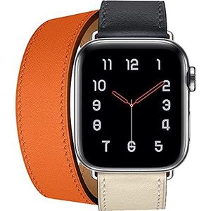 MOOTES Lederen dubbele tourband, compatibel met Apple Watch Band 38 mm 40 mm 41 mm 42 mm 44 mm 45 mm, echt lederen polsband voor iwatch Series 7 6 5 4 3 2 1 SE, Double Tour-wit/Blauw/Oranje,