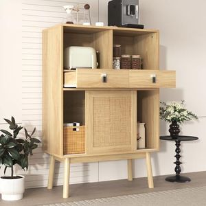 Aunvla Sideboard 80x39,5x120 cm, deuren met echt rotan vlechtwerk, twee laden, twee deuren en open vakken, 28 cm hoge tafelpoten